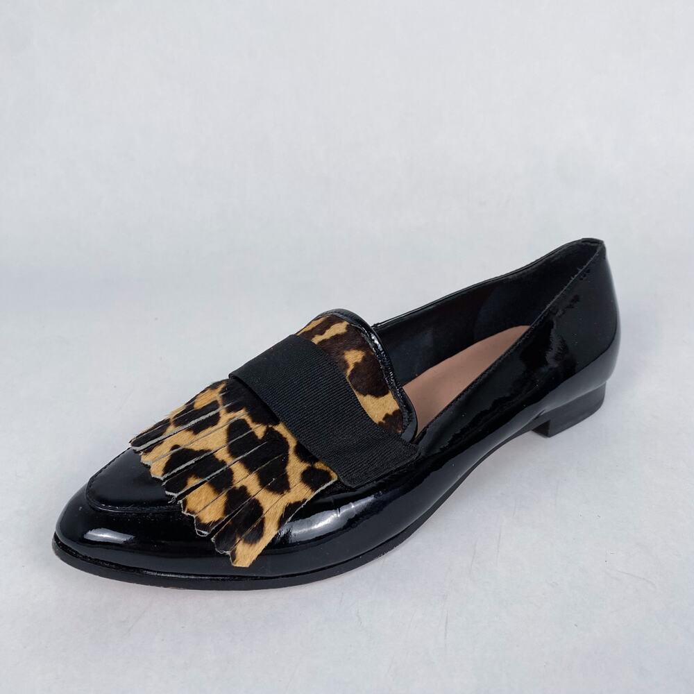 Kate Spade Cayla Black Patent Leather Loafers with Leopard Fringe